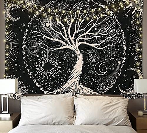 Betylifoy Arbre de Vie Tapisserie Lune et Soleil Noir Tenture Psychédélique Mandala Étoilé Hippie Décoration Murale pour Chambre Dortoir Fête (148x200cm)