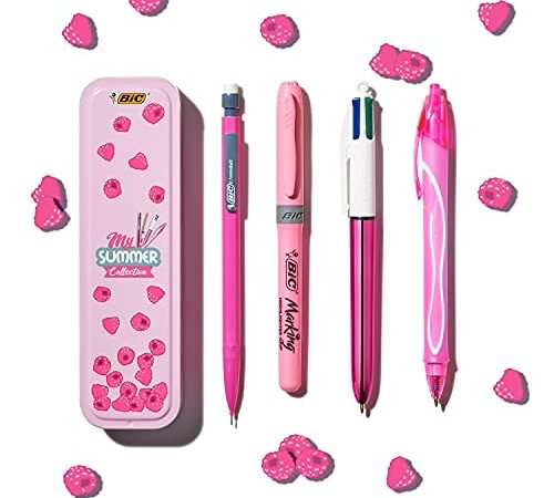 BIC Summer Pink Box : Stylo gel (0,7 mm), Porte-mines, Stylo bille 4 couleurs (1,00 mm), Surligneur - Rose, Lot de 4