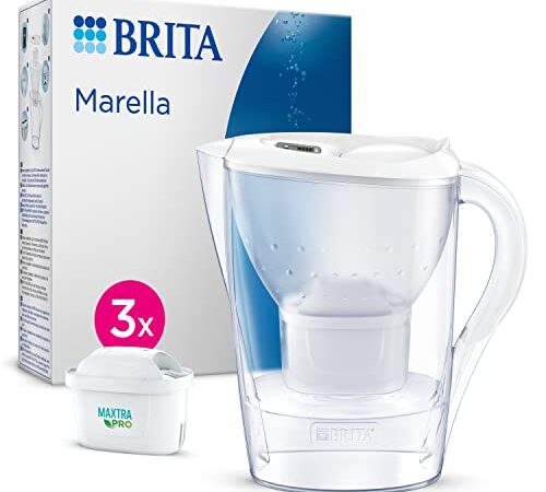 BRITA Carafe filtrante Marella blanche (2,4L) inclus 3 cartouches filtrantes MAXTRA PRO All-in-1 - réduit le tartre, le chlore, certaines impuretés et certains métaux