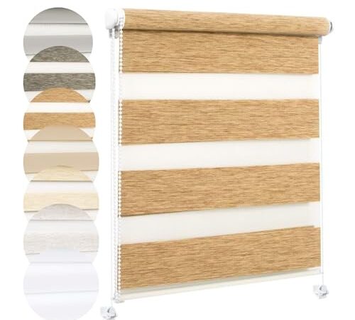 DECOSTEEL - Double Store Jour Nuit sans percage - Stores pour fenêtres - Store intérieur pour fenêtre - Store à Clipser - Store à Coller - Store Jour-Nuit - Caramel [150x35cm]