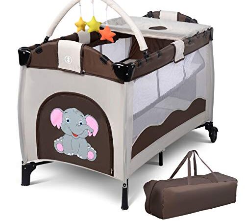 DREAMADE 2 en 1 Lit Parapluie Bébé 125x66x84CM avec Matelas,Lit de Voyage à 2 Niveaux Tout-Petites 0-3Ans avec Table à Lange,Jouet,2 Roues,Charge 15KG (Brun)