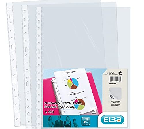 Elba, Lot de 100 pochettes en plastique transparent A4 multi-perceuses en polypropylène 70 μ