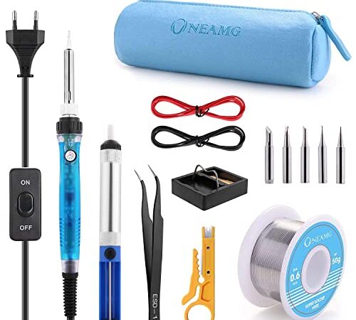 Fer à Souder Kit, ONEAMG 60W Kit de Soudure Electrique Temperature Réglable avec Interrupteur ON/OFF, 5PCS Conseils de soudage, Pompe à Dessouder, Fil de Soudure, Station de Soudage, Pincettes (Blue)