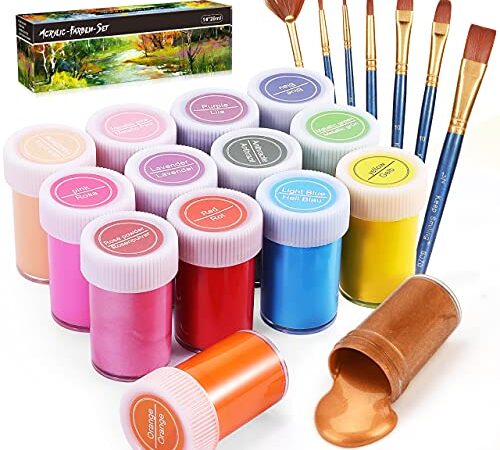 Gifort 14 Couleurs Peinture Acrylique (20 ML), Kit de Peinture Acrylique Non Toxique avec 7 Pinceaux pour Enfant Débutants Artistes, Pigments Riches, pour la Peinture sur Pierre, Bois, Papier, Toile