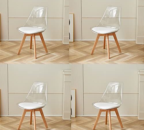 GrandCA HOME Lot de 4 Chaises de Salle à Manger avec Coussin de Siège en Cuir PU, Chaises Latérales Transparentes pour Cuisine, Salle à Manger, Chambre à Coucher (Blanc/PU)