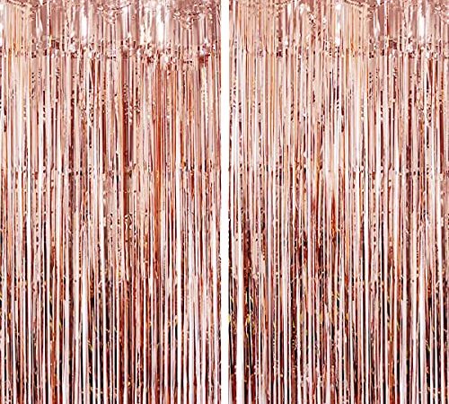 Jonami 2 Rideau Métallique Tinsel Rosegold, Rideaux à Franges en Aluminium, Toile de Fond pour Photos de Fête Rose Or, Decoration Anniversaire