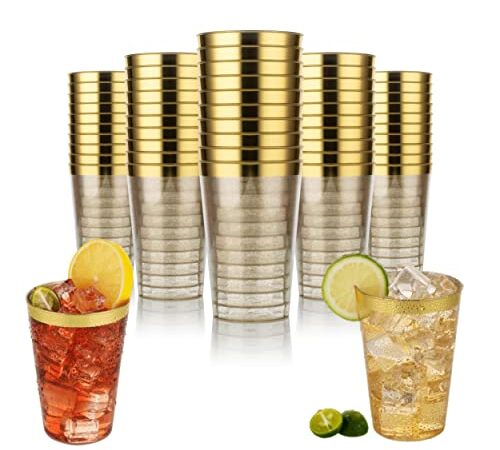 KELHOM Lot de 50 Gobelets en Plastique Réutilisable Doré de 330 ml avec Bord Doré BPA Free - Gobelet Élégant pour Fête de Mariage, Cocktail & Fêtes - Gobelet Plastique - Verre Plastique Reutilisable