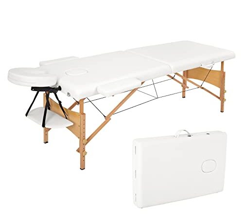 Meerveil Table de Massage, Pliante de 2 Sections Lit Cosmétique Pliante en PU et en Bois, avec l’Appui-Tête Amovible, avec Housse de Transport et Accessoires (Blanc), 198x60x81cm