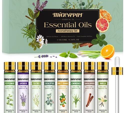 MIGCAPUT Set Huiles Essentielles 8 x 10ML, Huiles Essentielles 100% Pures pour Diffuseur, Huiles Essentielles Aromathérapie pour SPA, Massage, Bain - Lavande, Menthe Poivrée, Vanille, Bois de Santal