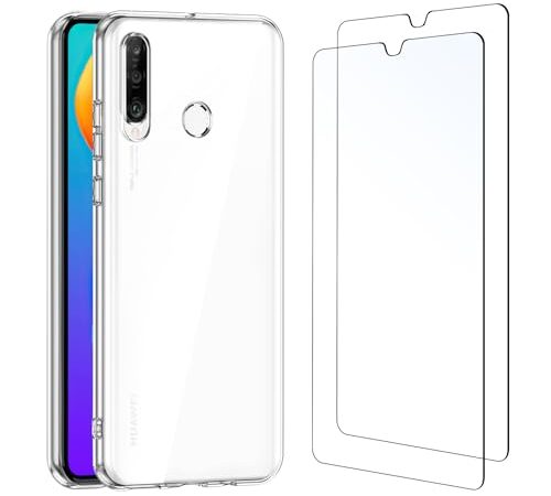 NEW'C Coque pour Huawei P30 Lite Haute Transparente Silicone en Gel TPU Souple et 2 × Verre trempé Film Protection écran pour Huawei P30 Lite - Anti Rayures