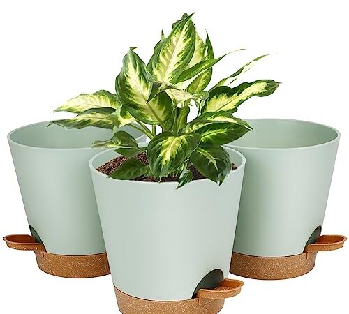 OFFCUP Lot de Pot de Fleur en Plastique, 3pcs Pots de Fleurs Auto-Arrosant, Pots de Plantes avec Trous De Drainage et Soucoupes Amovible pour d'Intérieur et d'Extérieur Jardins de Balcon -Vert 20cm