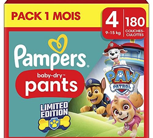 Pampers 180 Couches-Culottes Bébé Baby-Dry Pants Taille 4 (9-15 kg), Pack 1 Mois, Édition Pat'Patrouille à la Rescousse contre les Fuites, Faciles à Changer, Exclusivité Amazon