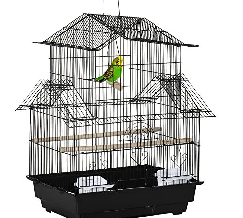 PawHut Cage à Oiseaux Design Maison mangeoires perchoirs 3 Portes Plateau excrément Amovible + poignée Transport Noir