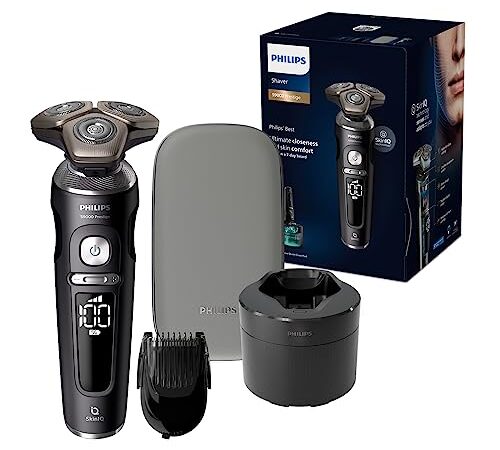 Philips S9000 Prestige Rasoir électrique Wet & Dry avec technologie SkinIQ, embout à barbe et station de nettoyage (modèle SP9840/31)