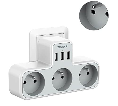 TESSAN Prise Multiple, Multiprise Murale 3 Prises et 3 Ports USB, Multiprise Electrique 6 en 1 4000W, Multiprise Secteur USB pour la Maison Le Bureau Les Voyages Compatible avec Phone, Portable