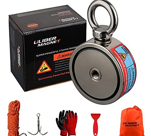 ULIBERMAGNET Aimants de pêche double face super puissants, combinés 500 kg N52 Kit de pêche aimant néodyme avec corde, griffe, gants, pour la pêche magnétique et la chasse au trésor sous l'eau