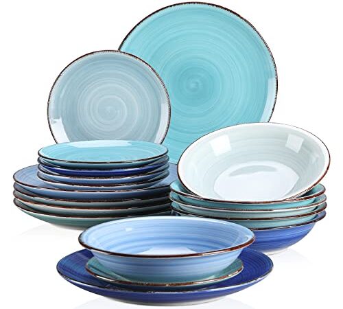 vancasso, Série BONITA, Service de Table Complet en Céramique, 18 Pièces Assiettes, Style Minimaliste Multicoloré -Bleu Dégradé