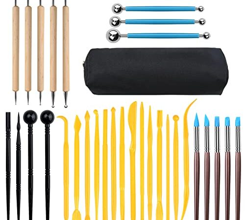 Viesap Outil Modelage, 33 Pcs Outil Sculpture Modelage, Outil Modelage Argile outils argile Clay Sculpting Tools outil poterie, Kit D'outils Poterie avec Sac de Rangement, Art de Gaufrage, Artiste DIY