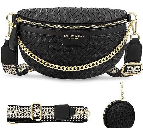 VOBUKE Sac Banane Femme Bandoulière Chic Cuir PU Sac à Bandoulière Petit Sac a Main Poches Multiples Sac Poitrine Femme avec 3.5cm Large Sangle avec Porte Monnaie Amovible