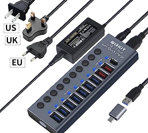 WLXKJY AKTIV Aluminium USB 3.0 Hub, 10 in 1 USB Hub (7-Port USB 3.0 High-Speed Datenübertragung und 3-Port Ladegerät) mit Netzteil Von 60W (12V/5A), unabhängigem Schalter und 1-Port PD Aufladung