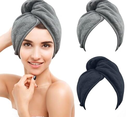 Yagaspantery 2Pcs Serviettes Microfibre pour Cheveux, Serviette à Cheveux Super Absorbante avec Boutons pour Cheveux Secs (Gris et Marine