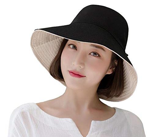 Yuccer Chapeau Femme Été Pliable Capeline Chapeau Soleil Anti UV Coton Été Vacances Jardinage Sun Hat for Women UPF UV (Noir)