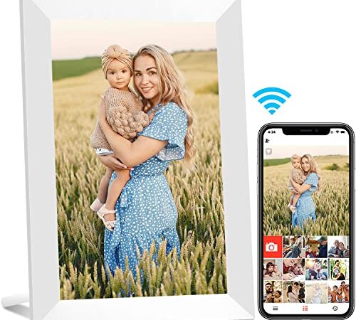 AEEZO Cadre Photo Numérique WiFi 10.1 pouces IPS à Écran Tactile HD, Rotation Automatique, Configuration Facile pour Partager des Photos et des Vidéos, Cadre Photo Numérique Smart Montage Mural, Blanc