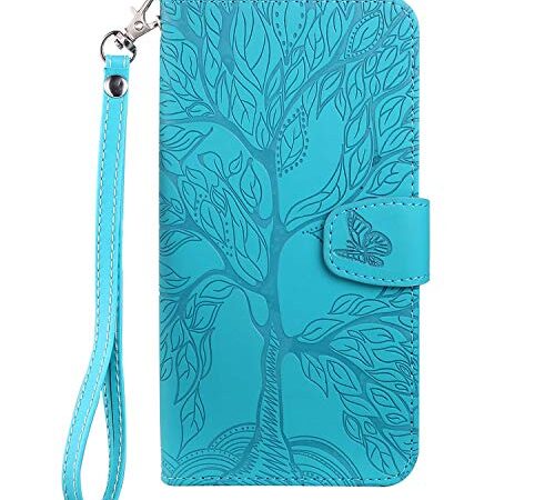 Aisenth Coque pour Samsung Galaxy S10, Arbre de Vie Papillon Motif Housse en Cuir Synthétique Cover à Rabat, Portefeuille Étui de Protection avec Fentes pour Cartes, Fonction de Support, Bleu Vert