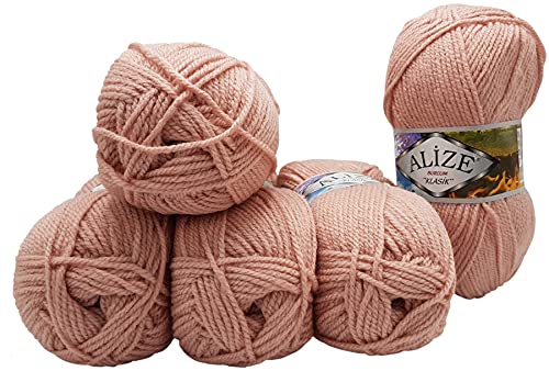 Alize Burcum Klasik Lot de 5 pelotes de laine à tricoter 100 g - Couleur unie - 500 g - Wocke uni - Fil acrylique (vieux rose 161)