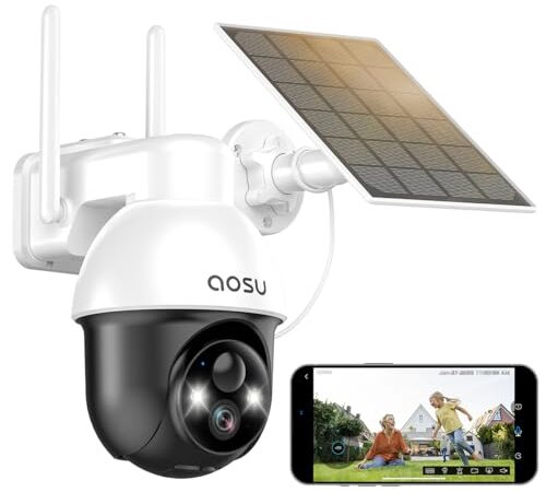 AOSU 2K Camera Surveillance WiFi Exterieure sans Fil, Solaire, 360° Pan/Tilt, Camera Exterieur sans Fil, Vision Nocturne, Détection Mouvement PIR, Étanche IP65, Audio Bidirectionnel, Alexa, 2,4Ghz