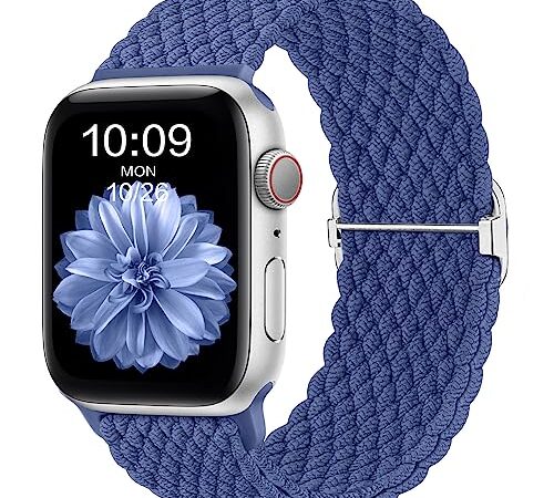 CeMiKa Bracelet Tressé Compatible avec Apple Watch Bracelet 42mm 44mm 45mm 49mm, élastique Stretch Alternative Sport Strap pour iwatch Series 9 8 7 6 5 4 3 2 1 SE Ultra, Femme Homme, Bleu