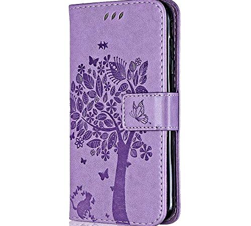 Coque pour Galaxy J6 2018, Conber Etui en Cuir PU Portefeuille, Antichoc Flip Case Housse Rétro Emboss Série de Chat et d'arbre pour Samsung Galaxy J6 2018 - Lavande