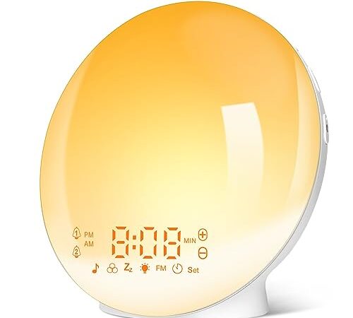 Eveil Lumière LED Radio Réveil Matin Lumineux Lampe de Chevet 20 Niveaux de Luminosité Simulateur d'Aube et Crépuscule 2 Réveils 7 Sons Naturels Fonction Snooze Veilleuse Enfant 11 Couleurs (Jaune)