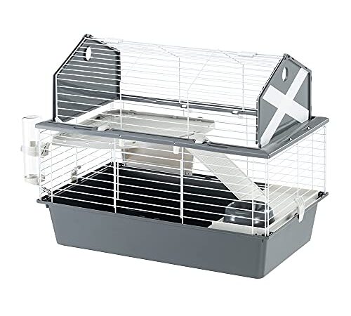 Ferplast Cage Barn 80 pour Lapins et Petits Animaux, 2 étages, Toit Ouvrant, Accessoires et Adhésifs Inclus