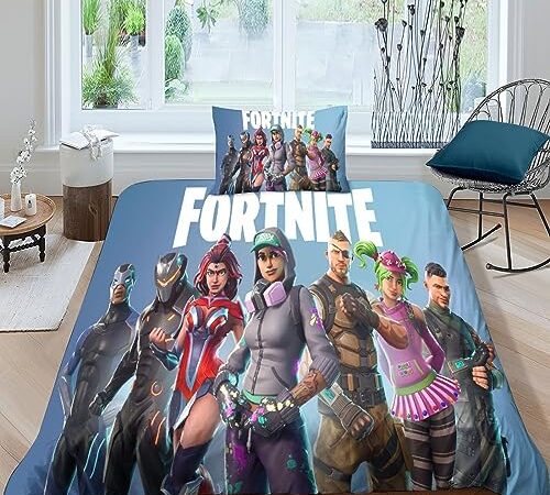 Fortnite Housse De Couettes Imprimée À Dessin animé Jeu 3D, 2 Pièces Housse De Couette en Microfibre avec Taie d'oreiller Et Fermeture Éclair pour Garçons Et Filles Single（135x200cm）