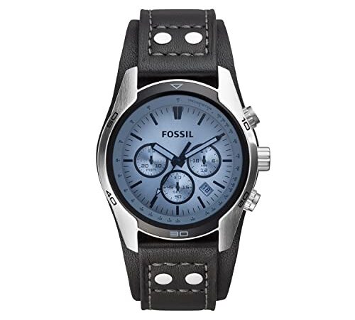 Fossil Montre pour Homme Coachman, Mouvement Chronographe à Quartz, Boîtier en Acier Inoxydable Argenté de 45 mm avec Bracelet en Cuir Véritable, Ch2564