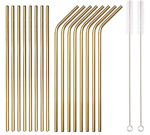 HOMQUEN Pailles en Acier Inoxydable doré de 18 pièces, Pailles à Boire réutilisables de 8,5 '', Convient au vin et aux Boissons Froides (8 brosses Droites/8 Courbes/2 pincées)