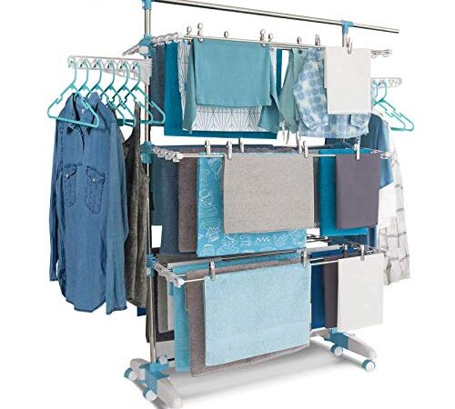 IDMarket - Séchoir à Linge modulable Blanc/Bleu Grande capacité + 30 Accessoires