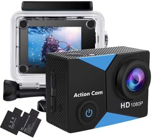 Jadfezy Caméra Sport Ultra HD 1080P, 12MP Caméra d'action avec 2" écran LCD,Grand Angle, Caméra Étanche 30M équipée de 2×900 mAh Batteries et Accessoires pour Casque et Vélo, etc.