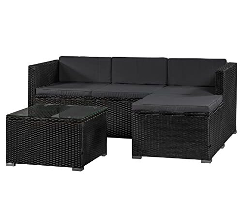 Juskys Salon de Jardin en polyrotin Lounge Punta Cana M, résistant aux intempéries - avec canapé 3 Places, Tabouret, Table & Coussins 3-4 Personnes - Ensemble de Meubles de Jardin Noir/Gris