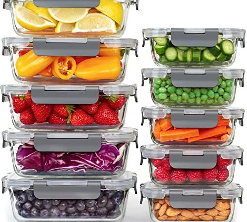 Lot de 10 Boites Repas - Boites de Conservation Alimentaire Idéales pour Préparer des Repas Sains - Boites en Verre Hermétiques sans BPA - 10 Boites Alimentaires et 10 Couvercles Étanches