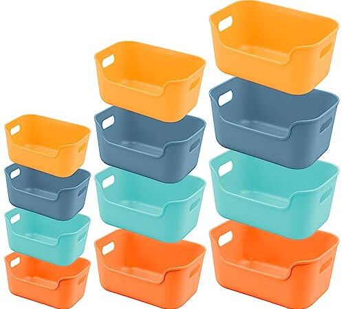 Lot de 12 Boîtes de Rangement en Plastique, Couleurs Paniers de Rangement avec Poignées Pour Cuisine, Placard, Bureau, école et Maison (3 Taille)