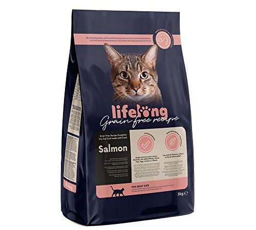 Marque Amazon - Lifelong - Aliment pour chat adultes sans céréale, élaboré avec du saumon frais, 3kg