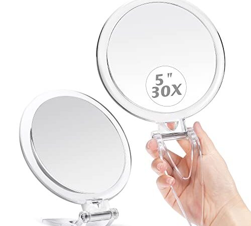 MIYADIVA Miroir grossissant 30 x avec poignée, Miroir de Poche de Voyage avec grossissement Double Face 1 x 30 x Miroir de Maquillage Pliable de 5 Pouces comme Cadeau pour Les Parents