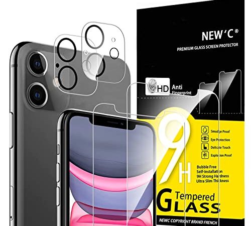 NEW'C Lot de 4, 2 x Verre Trempé pour iPhone 11 et 2 x Protection Caméra Arrière -sans Bulles d'air -Ultra Résistant - Dureté 9H Glass
