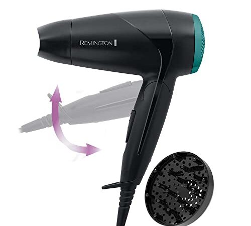 Remington Sèche-cheveux Pliable [Ultra Compact, Léger & Puissant] On The Go (2000W, 2 températures par vitesse, voltage universel, concentrateur, diffuseur) Sèche-cheveux de voyage D1500