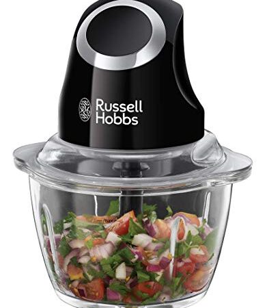 Russell Hobbs Mini Hachoir Electrique [Facile à Utiliser] Noir mat (500ml,Fonction 1 bouton, Blender universel Légumes fruits & viandes, Bol en verre 1 L, 200W, Lames Acier Inox Amovibles) 24662-56