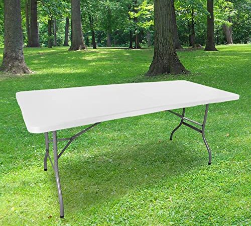 Table Pliante 180 cm d'Appoint Rectangulaire Blanche - Table de Camping 8 personnes L180 x l74 x H74cm en HDPE Haute Densité Épaisseur 3,5 cm - Pieds en Acier Pelliculé Gris - Idéal Cérémonies