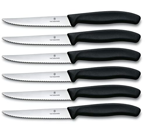 Victorinox Swiss Classic Bloc Porte-Couteaux, 6 Pièces Set de Couteaux à Steak avec Tranchant Denté, Lavable au Lave-Vaisselle, Acier Inoxydable, Noir