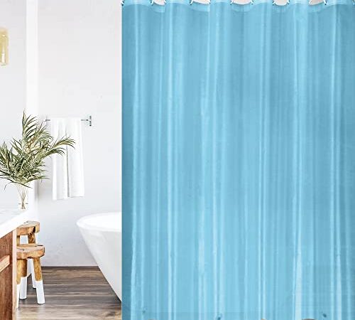 Yeahshion Rideau de Douche 180x180 cm en PEVA Bleu Anti-Moisissure Imperméable, Rideaux de Douche Semi-Transparent à Rayures avec 12 Crochets pour Salle de Bain, Baignoire